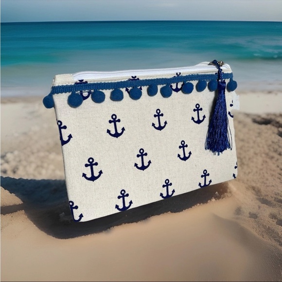 Anchor Pouch PomPom Canvas Navy Blue Nautical Print Zippered Storage Travel Bag - Picture 1 of 4